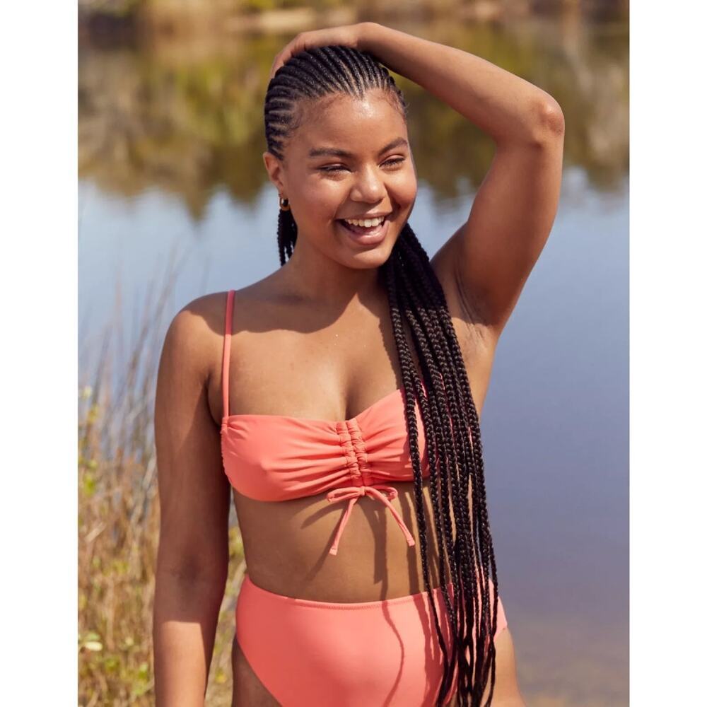 NWT Aerie Ruched Bandeau Bikini Top Strawberry Swim Beach Summer Strappy Size S
